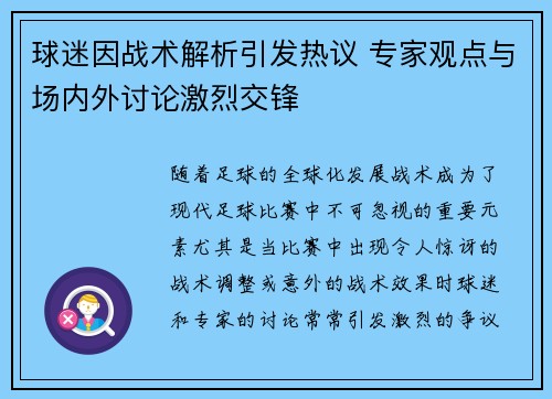 球迷因战术解析引发热议 专家观点与场内外讨论激烈交锋