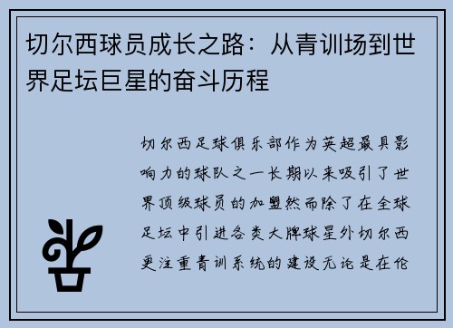 切尔西球员成长之路：从青训场到世界足坛巨星的奋斗历程