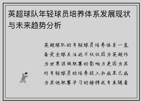 英超球队年轻球员培养体系发展现状与未来趋势分析