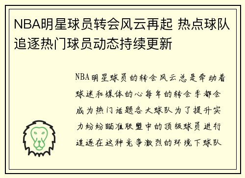 NBA明星球员转会风云再起 热点球队追逐热门球员动态持续更新 NBA明星球员转会风云再起 热点球队追逐热门球员动态持续更新